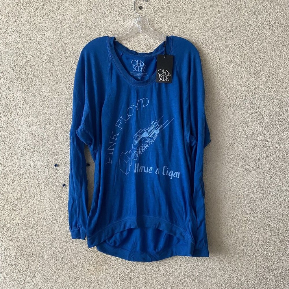 Chaser Women Top Blue Pink Floyd Logo Pullover Sweatshirt Rock Sweater 70's Rock